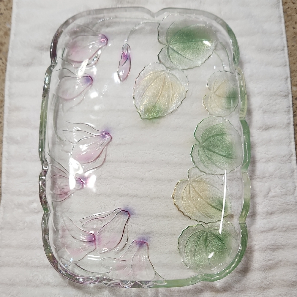 Vintage Crystal Clear Studios 1980Floral Glass Tray with Green and Purple Accent